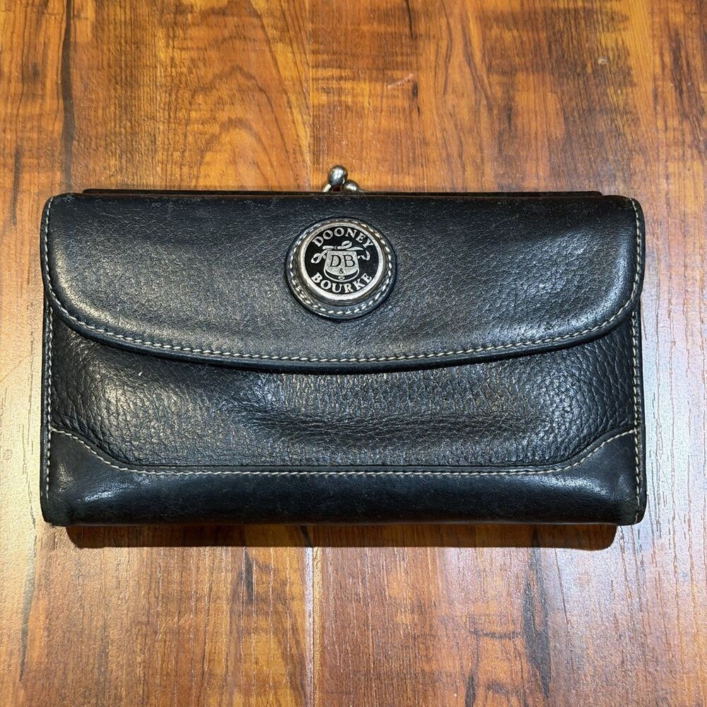 Vintage Dooney & Bourke Black Pebbled Leather Organizer Checkbook Wallet